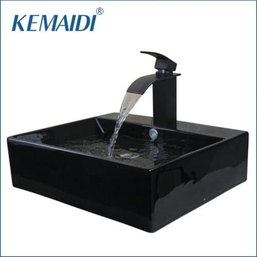 KEMAIDI Bathroom Ceramic ORB Sink Washbasin Ceramic Waterfall Small Basin Tap Lavatory Bath Combine Brass Set Tap Mixer Faucet