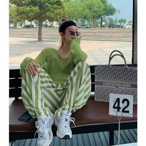 Summer Women Suit Sunscreen Short Solid Stripe Pants Korean Lady 2 Pic Set Office Lady Full O-Neck Pullover LOOSE Girls Clothes