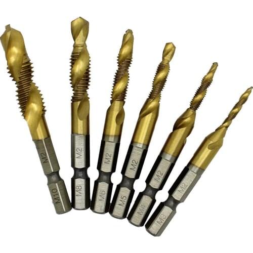 6pc Titanium M2 Hex Shank Hand Tap HSS Screw Spiral Thread Metric Plug Drill Bit M3 M4 M5 M6 M8 M10 fit Metal Steel