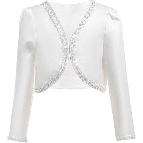 For 6 8 10 12 14 Years Girls Autumn coat Flowers Beaded girl long sleeve Tops shawls jackets boleros Satin Cotton Frocks outwear