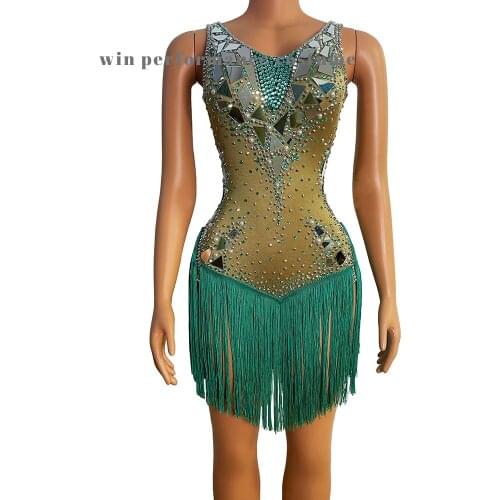 Fringed Dresses Mirror Tassel Slim Stretch Latin Short Dress Women Stage Evening Dress Singer Dancer Bar Pole Dance Costumes