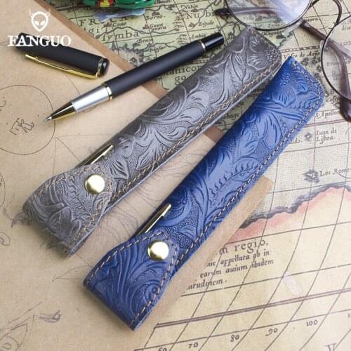 Handmade Genuine Leather Pen Bag Retro Unique Flower Design Pencil Case Portable Storage Pen Pouch
