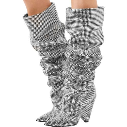 Full Rhinestone Drilled Knee High Boots Spike Heels Boots Slip On Pointed Toe Ladies Pleated Bling Bling Crystal Knight Boots