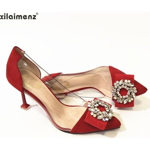 Women Wedding Shoes Red Color Dress Shoes Pointed Toe Woman High heels Glitter Pumps Transparent Shoes with Crytal Spring