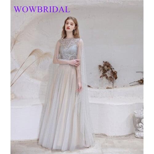 Wowbrial 2021 Elegant Beaded Floor Length Tulle Coral Lace Appliqued Dubai Evening Dresses with Long Sleeve