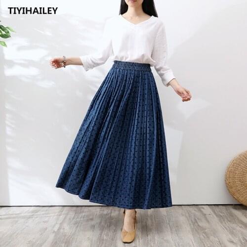 TIYIHAILEY Free Shipping 2020 Long Maxi A-line Skirts Women Elastic Waist Spring And Summer Denim Jeans Dot Skirt Lady Skirts