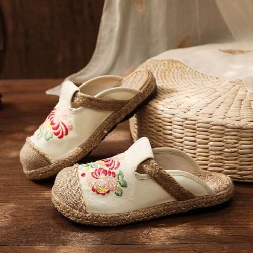 YourSeason Flower Embroidered Ladies Canvas Close Toe Flat Shoes Comfort Casual Mules Summer Lady Girl Espadrilles Slippers