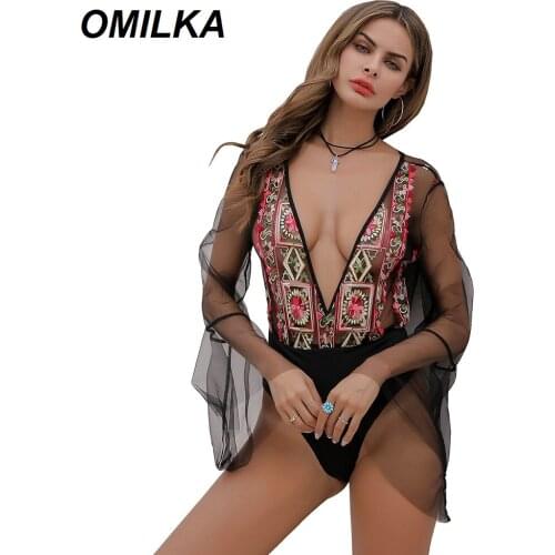 OMILKA Floral Printed Mesh Embroidery Bodysuit 2019 Summer Women Flare Sleeve See Through Club Beach Short Rompers Jumpsuits