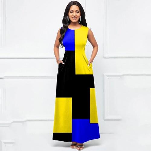 European Style Women Casual High Waist Patchwork Sleeveless Long Dress Summer Fashion Vintage O-neck Pockets A-line Maxi Dress
