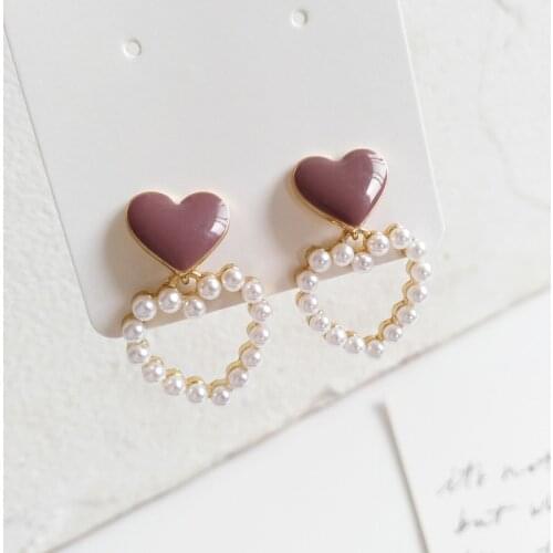2020 Korean Trendy Small Heart-Shaped Clip on Earrings Simple Drop Oil Purple Heart Pearl Clip Earrings No Piercing Women Female