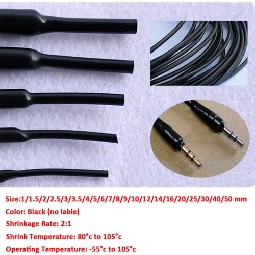 1M 2:1 Ultra Thin Black Heatshrink Tubing Cable Sleeve Wire 1mm 1.5mm 2mm 2.5mm 3mm 3.5mm 4mm 6mm 8mm 10mm 12mm 14mm 16mm 20mm