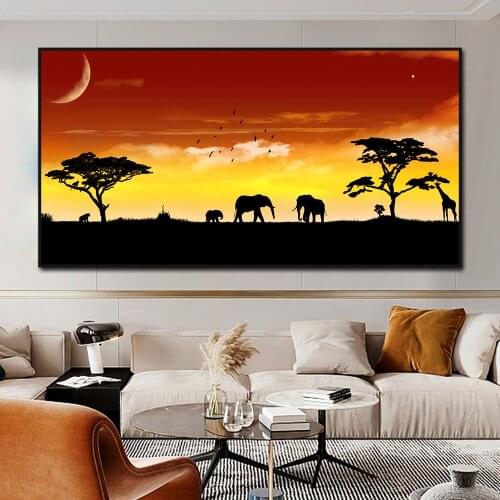 Abstract African Elephant Sunset Landscape Painting Print On Canvas Animal Art Wall Picture For Living Room Cuadros Decoration