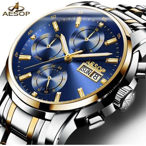 New Arrival AESOP Mechanical Watches Calendar Luxury Sapphire Crystal Automatic Watch Men Full Steel Relogio Masculino 2018