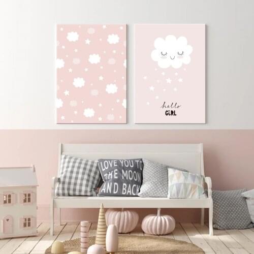 Nursery Sweet Girl Kids Wall Art Cartoon Canvas Painting Twinkle Star Cloud Smile Pictures and Posters Baby Room Home Decor