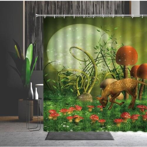 Shower Curtain Dream Mushroom Deer Green Leaf Stone Modern 3D Printing Waterproof Bathtub Decoration Bath Curtains Set With Hook