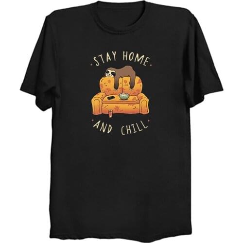STAY AT HOME AND CHILL Kawaii T-shirt Streetwear Harajuku Mens Clothing Fashion Black T Shirt Vintage New Design Men Tshirt