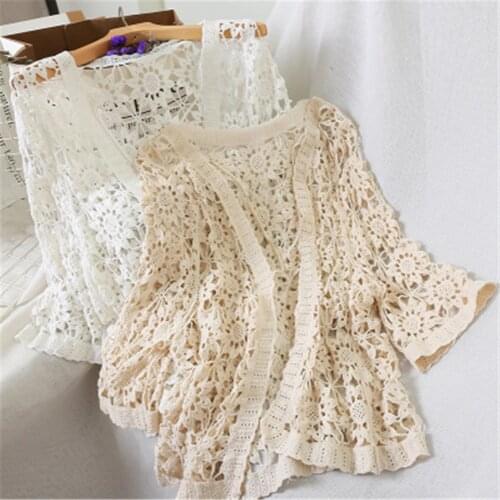 Sexy Hollow Out Crochet Lace Kimono Cardigan Women V-neck Open Stitch Casual Elegant Blouse Spring Summer Beach Cardigans Mujer