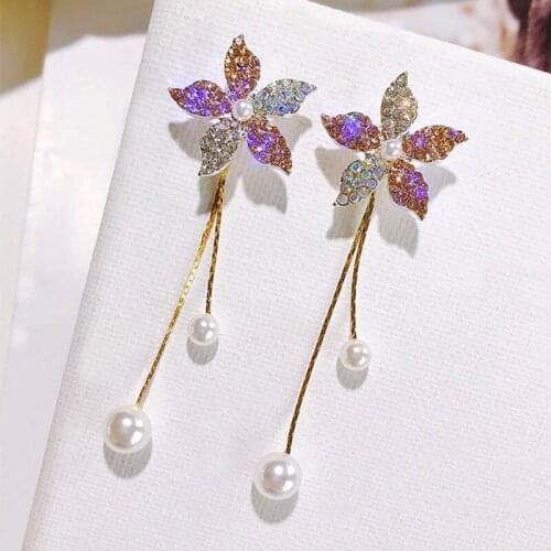 Korea S925 Needle Bauhinia Earrings Flower Earrings Long Personality Wild Pearl Earrings Wholesale Earrings for Women 2020