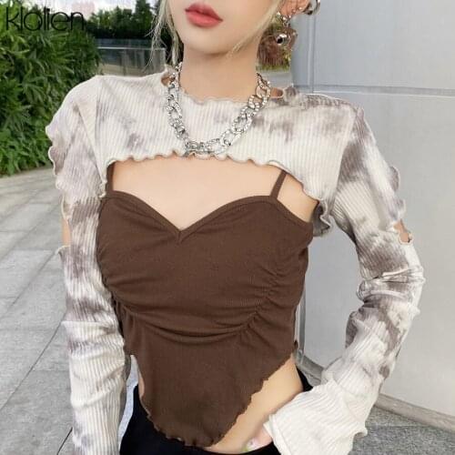 KLALIEN Fashion Casual Camisole and Top Two Piece T Shirt Autumn New Simple Basic Wild Streetwear Slim Stretch Was Thin Top