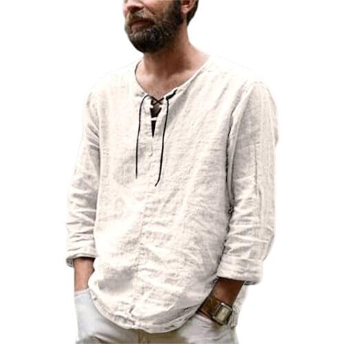 Mens Long Sleeve T Shirts Casual Lace up Shirts Cotton V Neck Loose Fit Plain Top