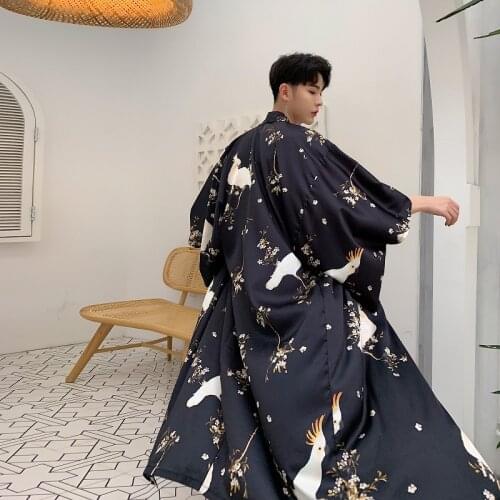 Men spring fashion 3D print satin long trench coat Japanese vintage kimono cardigan women harajuku punk long overcoat cloak