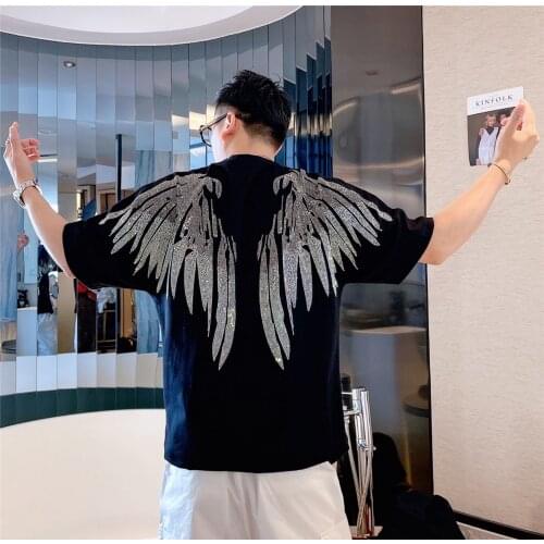 England Style Fancy Loose T shirt Man Diamond Print Short Sleeve T-shirt Mens fashion Summer Rhinestone t shirt