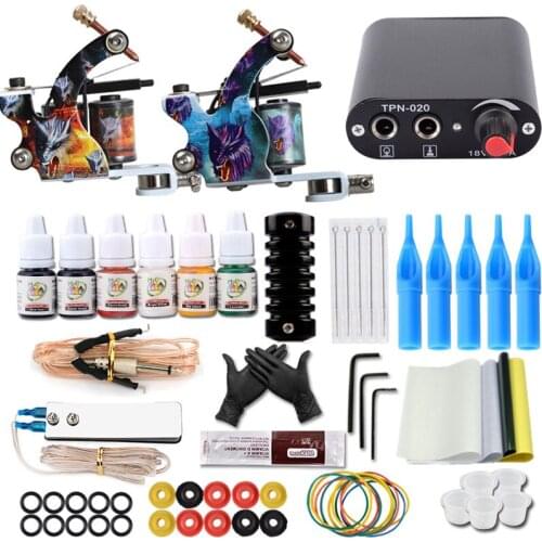 Complete Tattoo Machine Kit 2 Coils Guns 6 Colors Pigment ink Sets Power Tattoo Beginner Grips Kits Permanent Makeup Set
