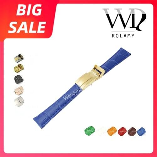 Rolamy 20mm TOP Quality Blue Green Leather VINTAGE Luxury Wrist Watch Band Strap Clasp For Rolex DAYTONA SUBMARINER OYSTER GMT