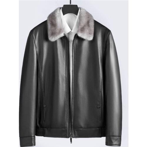 New Luxury Gray Mink Collar Black Mink Fur Lined Goat Skin Leather Genuine Shell Men Winter Fur Coats