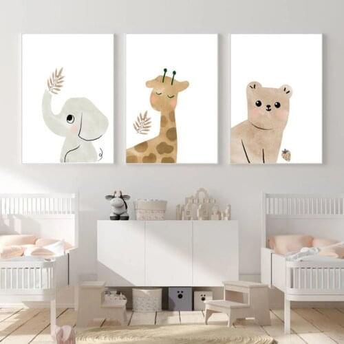 Nordic Posters and Prints Bear Elephant Giraffe Sloth Sun Rainbow Canvas Painting Cartoon Wall Art Pictures Kids Room Decoration