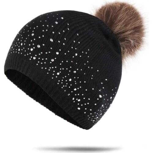 Rhinestone Inlay Solid Color Baby Pompom Hat Keep Warm Fashion Tide Unisex Child Beanie Hat Knitted Cap