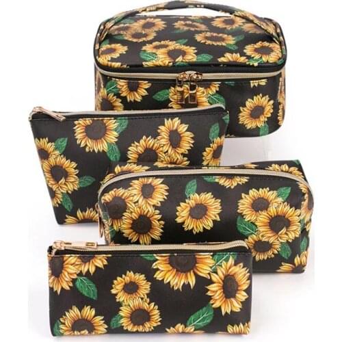 New Fashion 4PC/Set PU Sunflower Printed Cosmetic Bag Three Piece Set Women Make Up Case 4/PC Travel Organizer Toiletry Purse