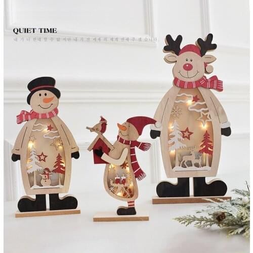 LED Wooden Christmas Snowman Santa Claus Elk Ornaments Festival Desktop Table Home Decoration Holiday Xmas Gift