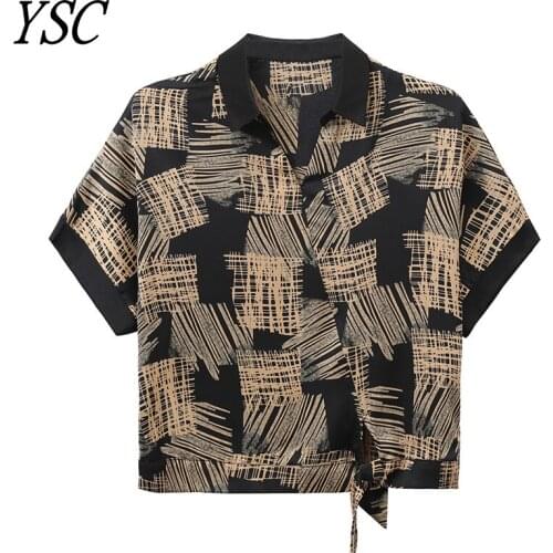 YSC 2021 New pattern Women Pure silk Sweater V collar Printing decoration Half sleeve Fine yarn soft High-quality pullover 2