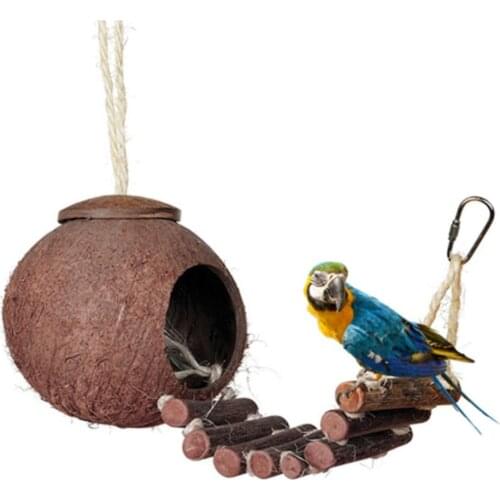 Unique Natural Coconut Shell Parrot Nest Parakeet Birds Feeder Pets Toy with Ladder