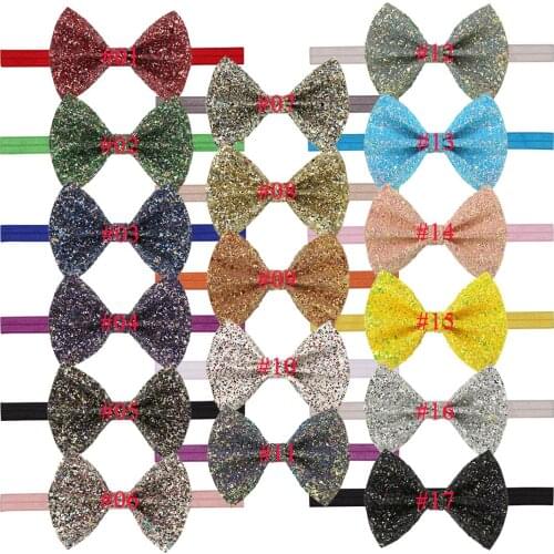 XIMA 17pcs/lot 4''PU Leather Sequins Bow Hair with Headband Girls Hair Accessories Stretch Headband