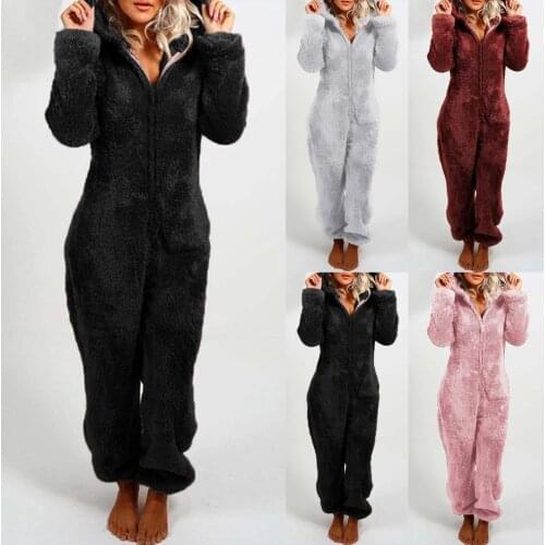 Women Winter Fleece Plush Romper Pajamas Long Sleeve Zipper Hooded Thick Warm Jumpsuit Homewear