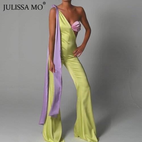 JULISSA MO Fashion One Shoulder Backless Patchwork Satin Jumpsuits Women Contrast Color Ribbon Slim Jumpsuit Femme Sexy Overalls