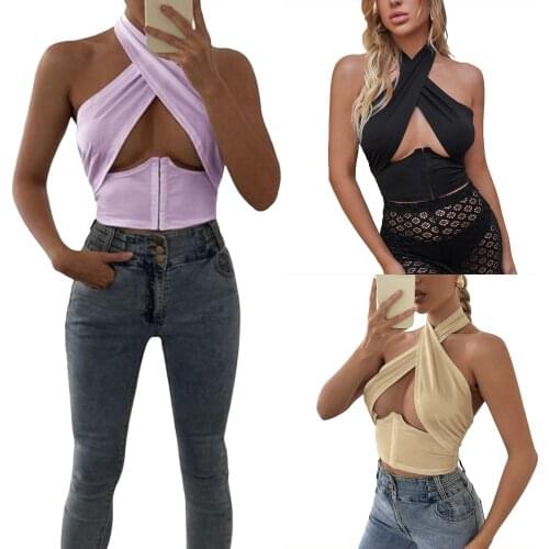 Women Summer Tops, Sleeveless Neck-Hanging Cross Bandage Tight Wrapped Backless Crop Shirt
