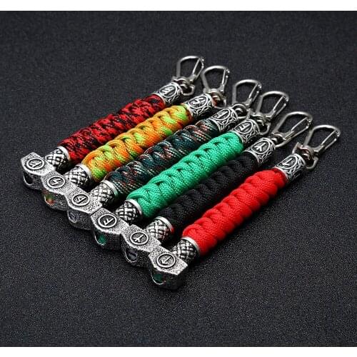 Handmade Paracord Braided Keychain Viking Runes Hammer Beads Drop Dangle Keyring Key Rings Key Fob Accessories Gifts