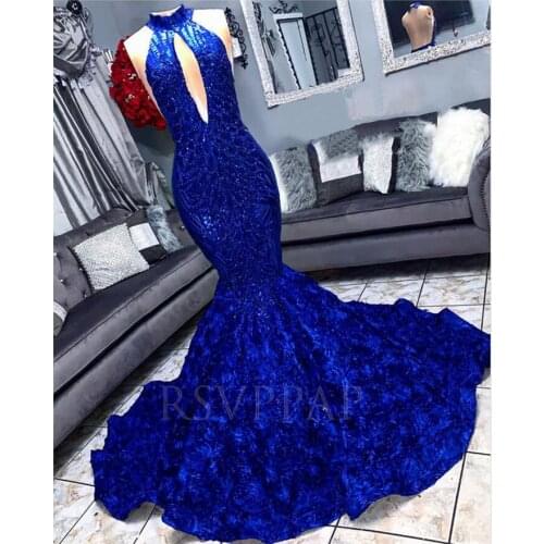 African Black Girl Long Prom Dress Sexy Cut-Out Front Backless Sequin Top 3D Flowers Royal Blue Mermaid Prom Dresses 2020