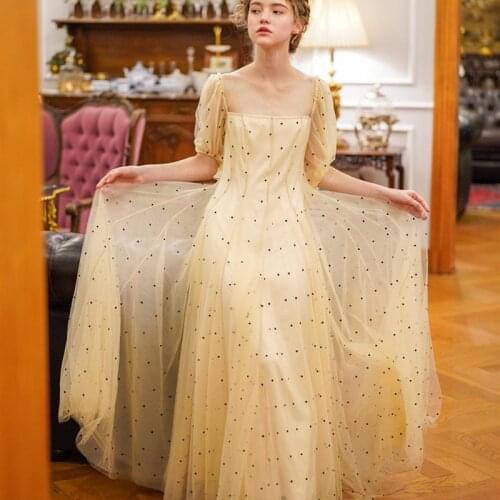 Spring Summer Women Elegant Slim Vintage Black Polka Dots Mesh Maxi Ladies Retro Original Design Big Swing Long Dresses