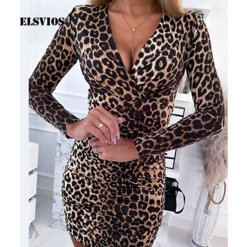Vestidos Lady Sexy V Neck Long Sleeve Mini Dress Elegant Leopard Print Folds Short Dress Autumn Women Slim Bodycon Party Dresses