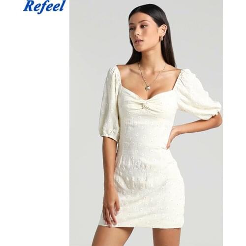 Boho Mini Dress Floral Print Vintage Dress Women Puff Sleeve Orange Short Summer Dress Bowknot Flower