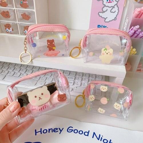 1 Pc Cartoon Cosmetic Bag Storage Bag Transparent Waterproof Student Bag Portable Mini Bear Fruit Lipstick Storage Travel Bag