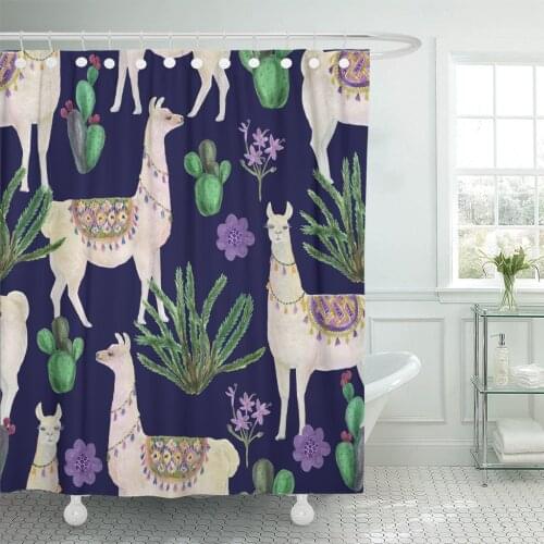 Pet Watercolor Painting Llamas and Cacti Flowers Alpaca America Shower Curtain Waterproof Polyester Fabric 60 x 72 inches Set wi