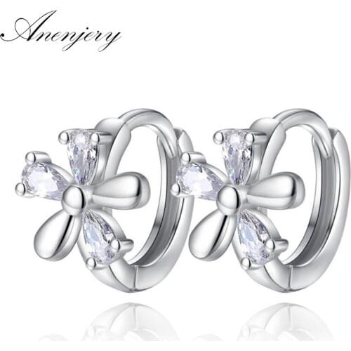 ANENJERY 925 Sterling Silver Plum Flower Earrings Small Zircon Hoop Earrings For Women brincos S-E251