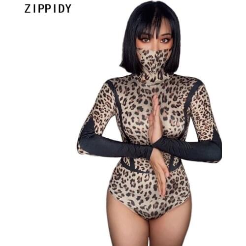 New Leopard Pattern Spandex Bodysuit Bar Cosplay Festival Prom Women Dance Show Club Wear Birthday Long Sleeve Outfit