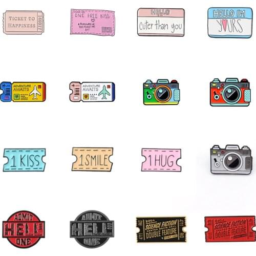 Cartoon Creative Tickets Movie Tickets Camera Love Sticky Notes Enamel Brooch Red Black Pink Alloy Badge Shirt Bag Pin Jewelry