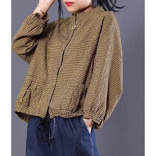 Cotton Linen Plaid Blouses New Spring Women Shirts Plus Size Loose Casual Long Sleeve Vintage Ladies Tops Double Pocket